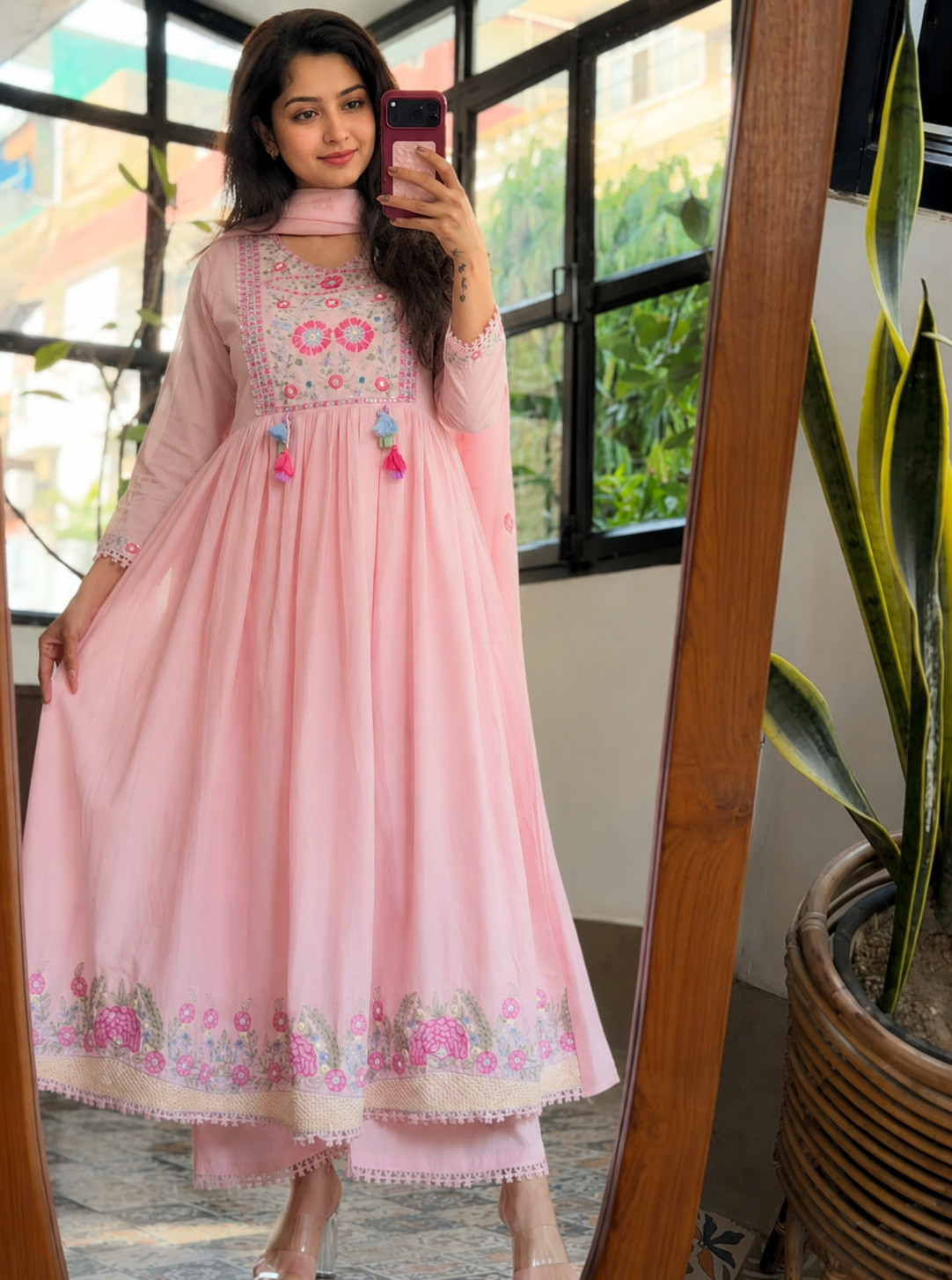 Designer Beautiful Cotton Anarkali Suit Indian Ethnic Kurta Pant Dupatta Set