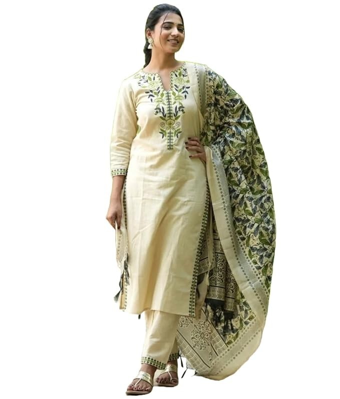 Women Beige Plus Size Embroidered Indian Rayon Long Kurta Top Trousers & Dupatta