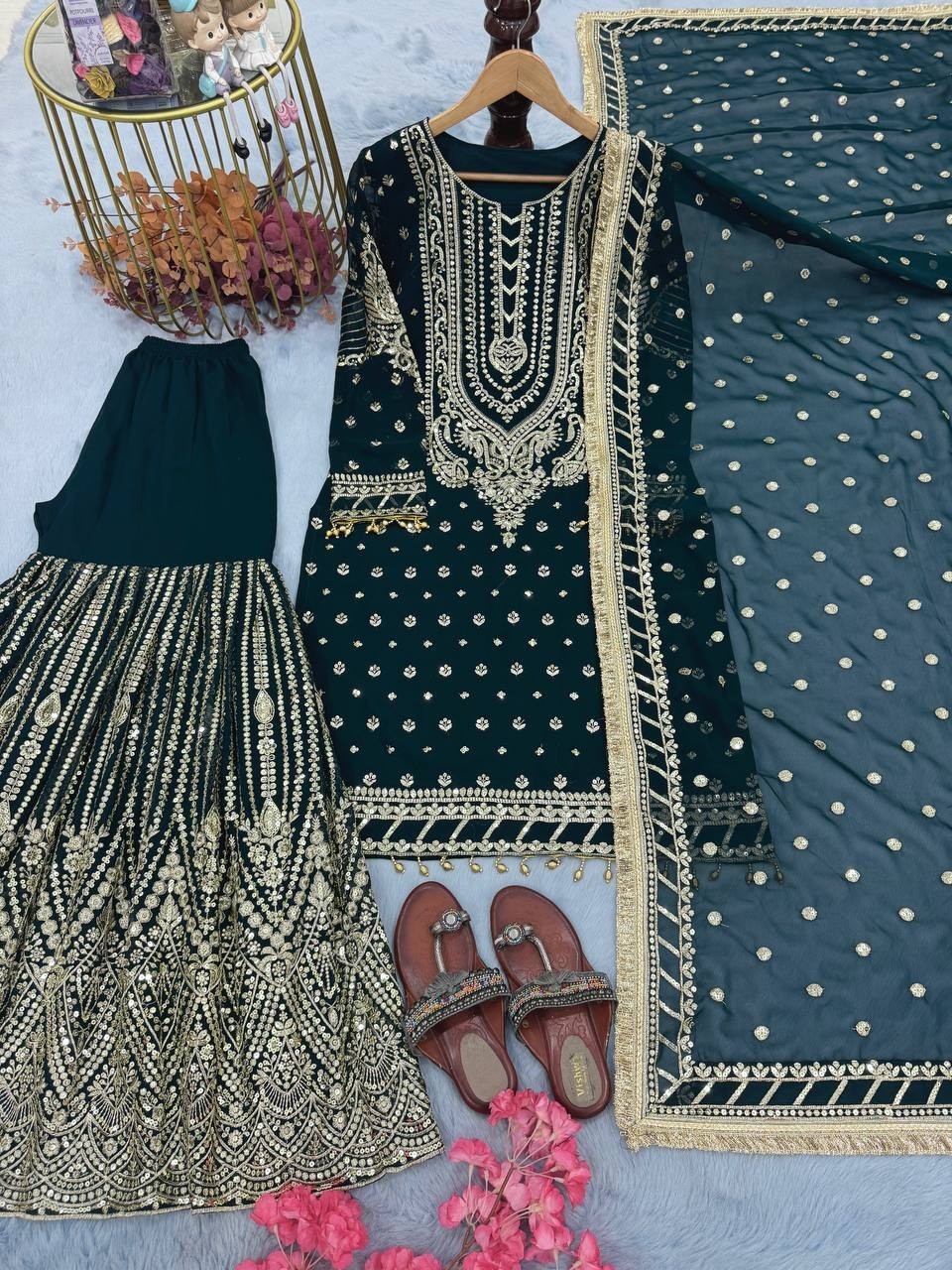 Indian Style Georgette Teal Green Top Sharara With Fancy Dupatta For Wedding