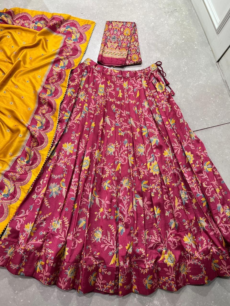 Women’s Rani Pink Floral Print Lehenga Choli Dupatta Set Festive Ethnic Outfit