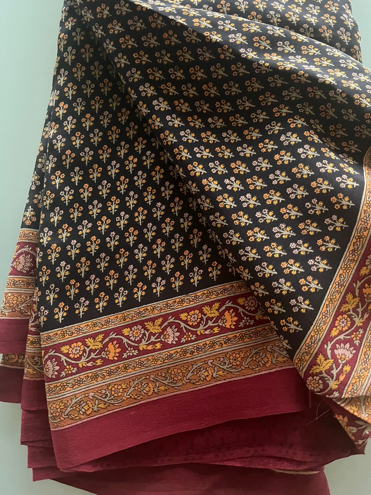 NWT 100% Silk Crepe Saree RITU KUMAR Style Black Red Floral Motif Diwali Pick 1