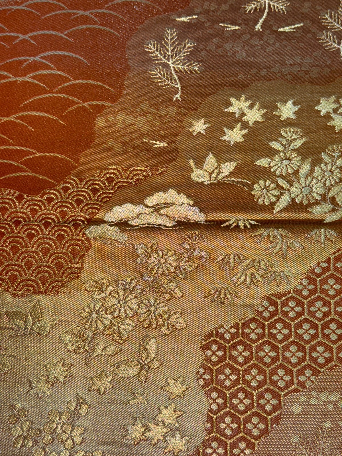 Japanese Vintage Kimono Fukuro Obi silk brown expensive embroidery 167.7×12.2in