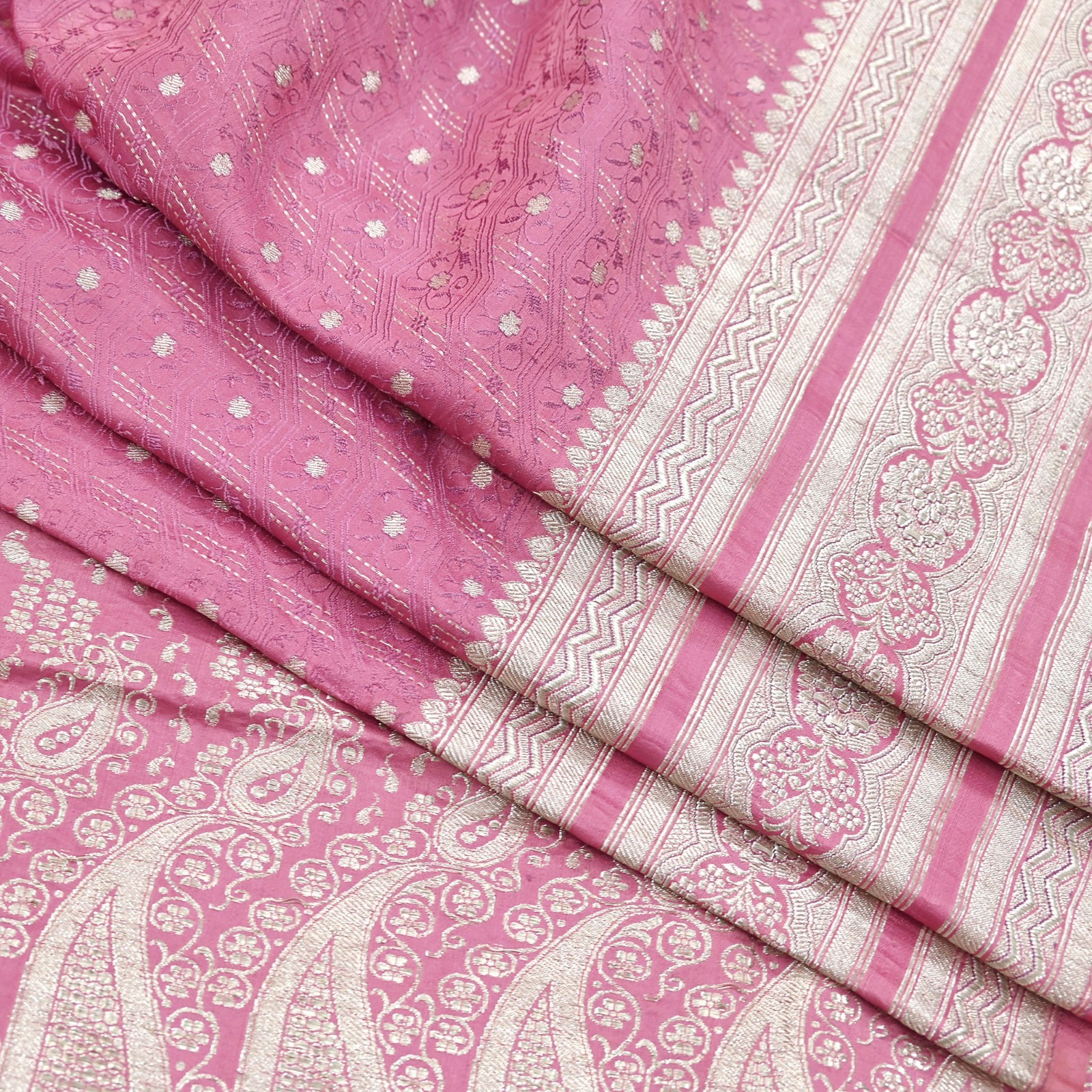 Indian Vintage Sari Heavy Pink Pure Satin Silk Woven Brocade Banarasi Sari 5yd