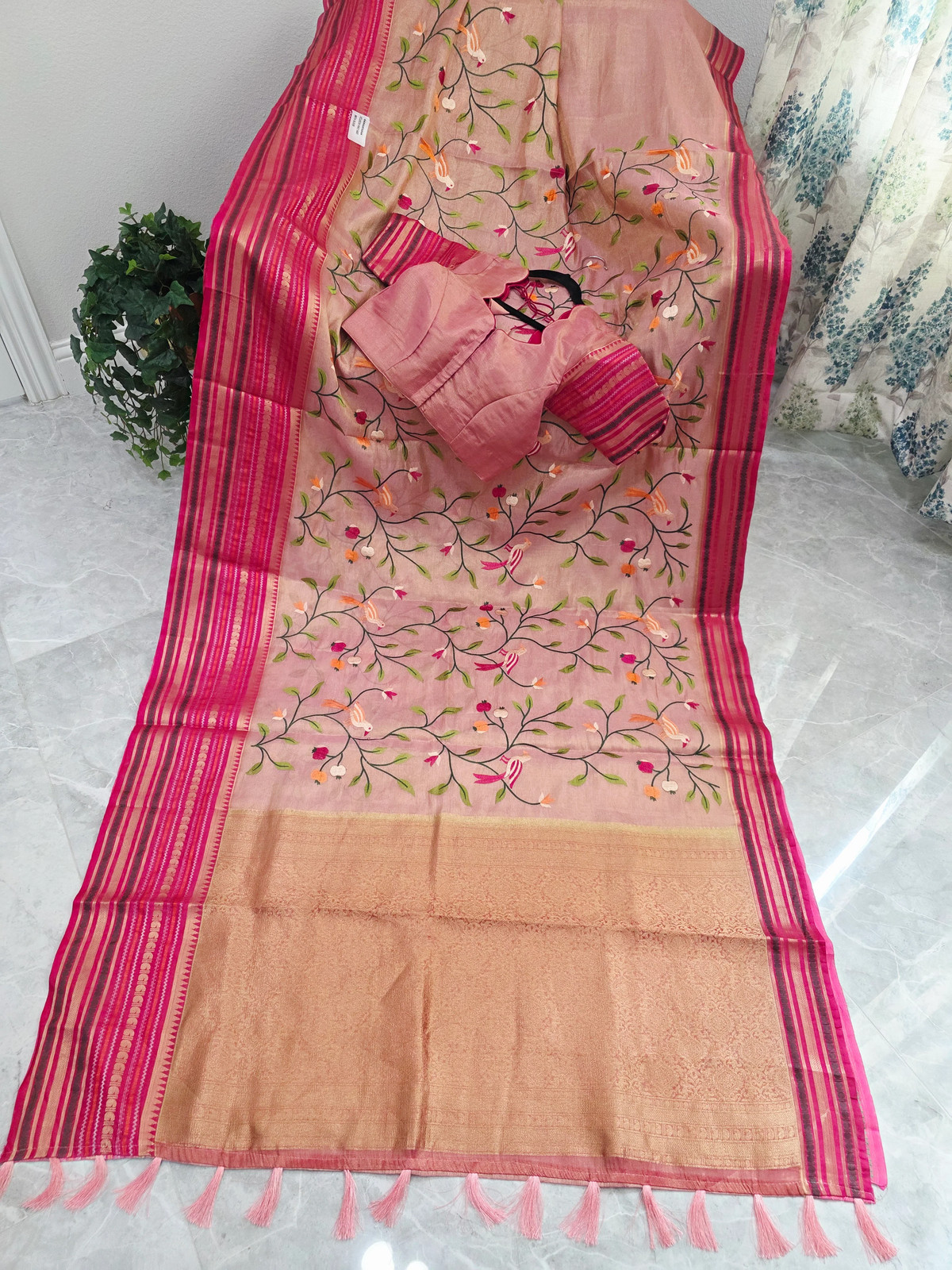 Blush Peach Rani Pink Tissue Silk Saree Bird Embroidery Blouse 38-44