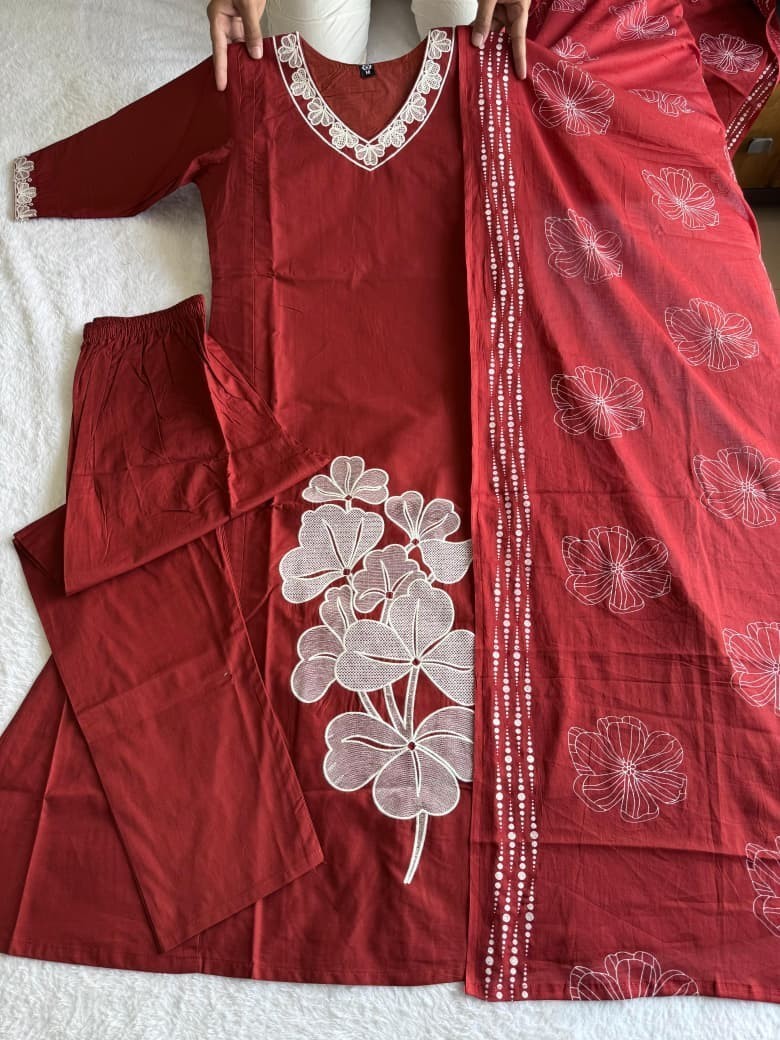 Indian Women Maroon Cotton Floral Printed Straight Kurta Kurti Top Tunic Dress