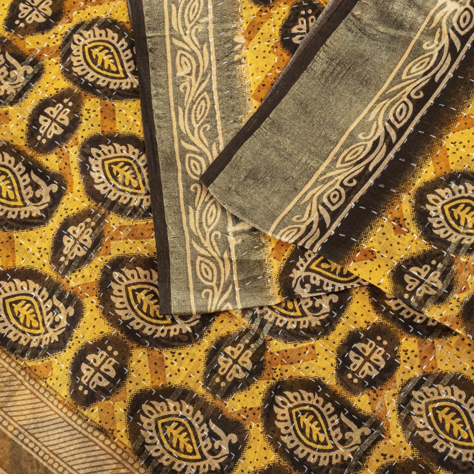 Sanskriti Vintage Saree Yellow Pure Cotton Paisley Kantha Print Sari 5+Yd Fabric