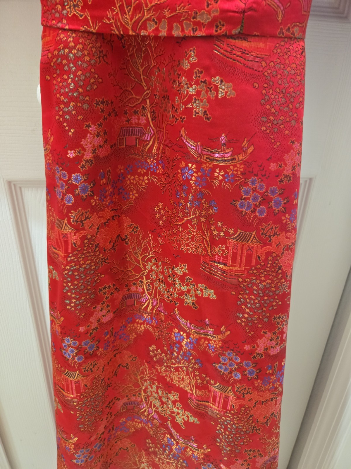 Double Peach Long Heavy Silk Red Gold Jacquard Oriental Kimono Robe Belt O/S