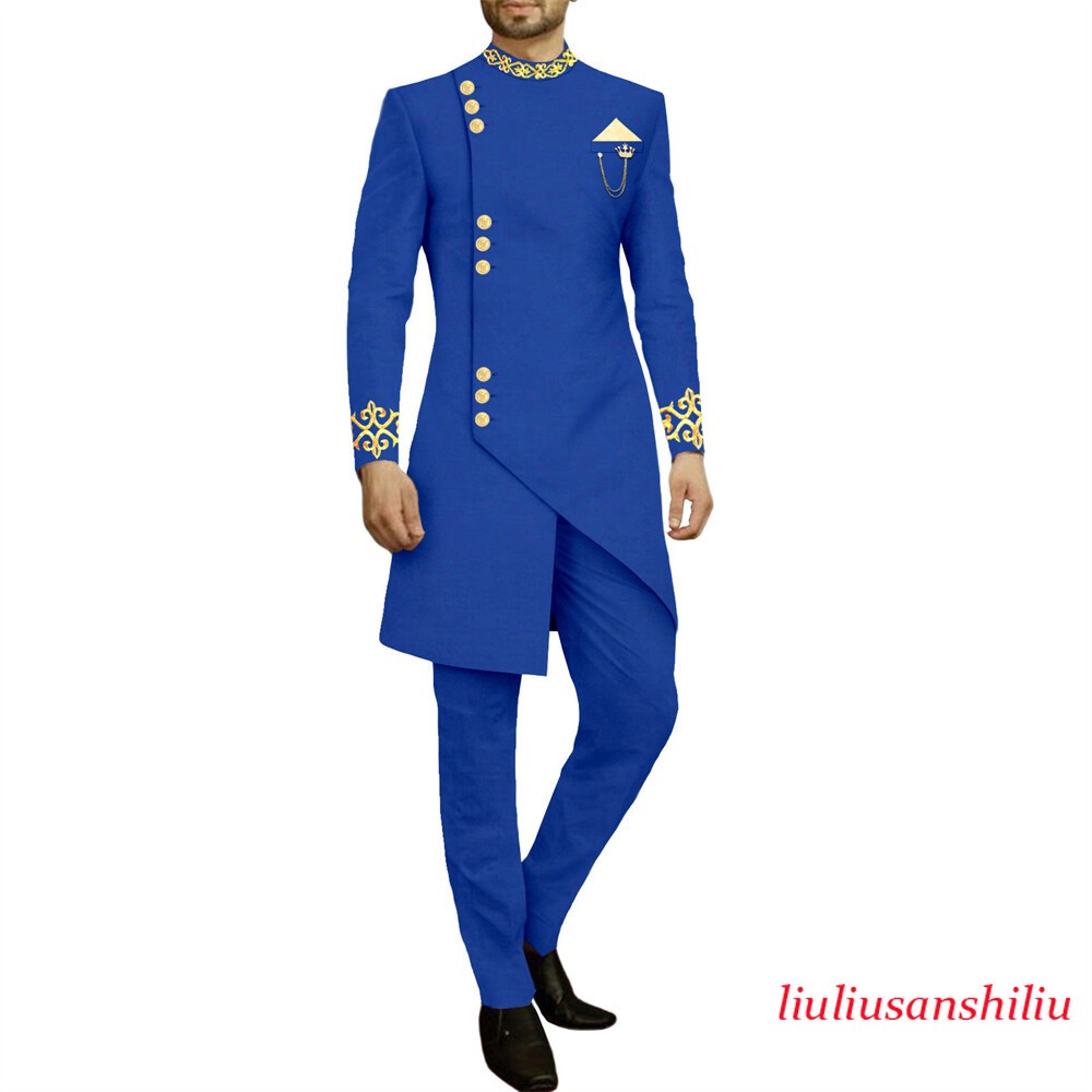 Men African Suits Dashiki Embroidery Jacket and Pants 2 Piece Set Formal Outfits