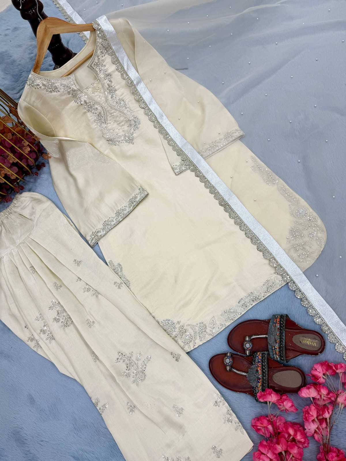 New Roman Glass Silk Cream Salwar Kameez With Dupatta For Festive Wear