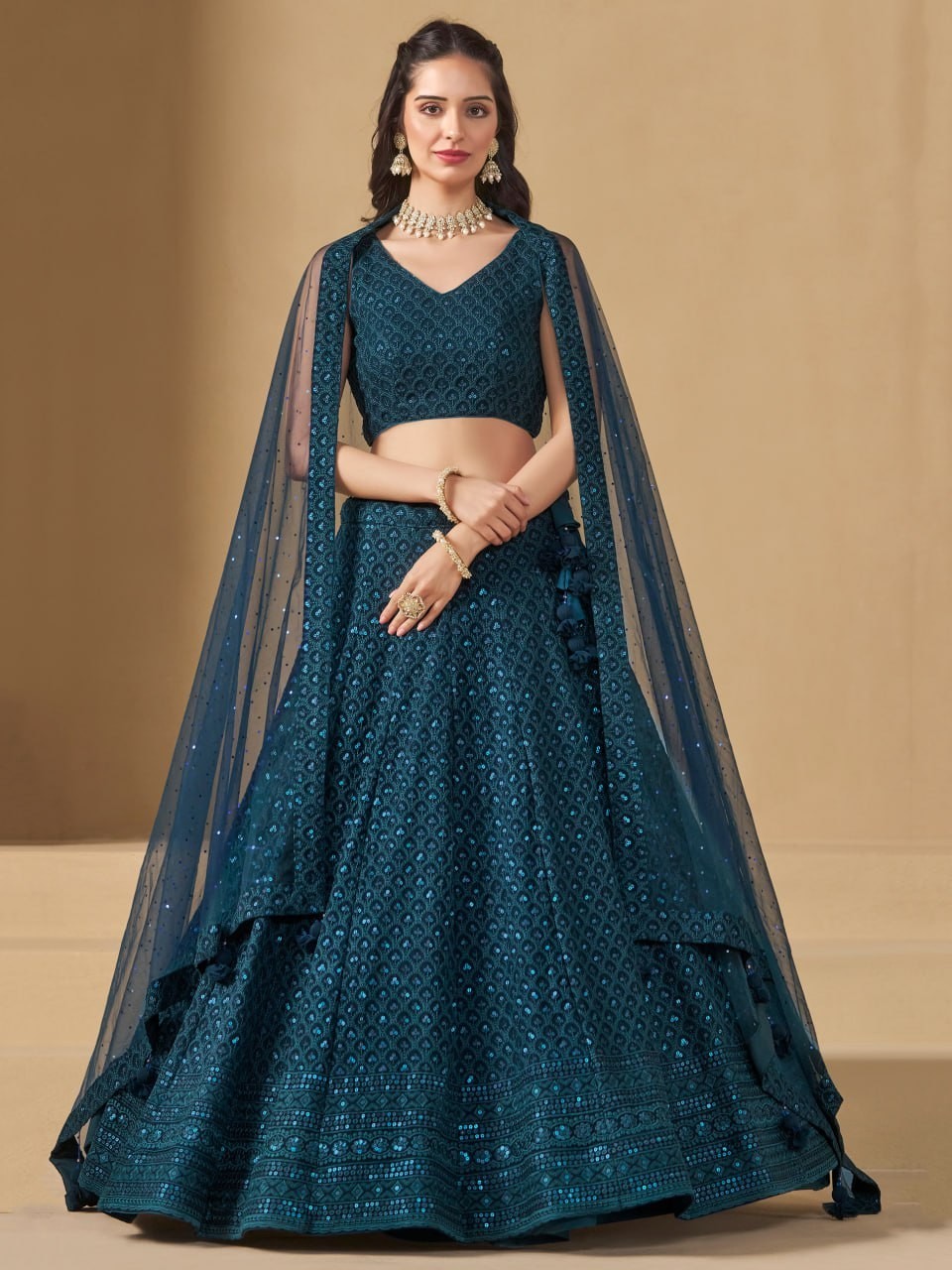 Navy Blue Sequin Lehenga Choli with Cape Dupatta Stitched Ethnic Wear