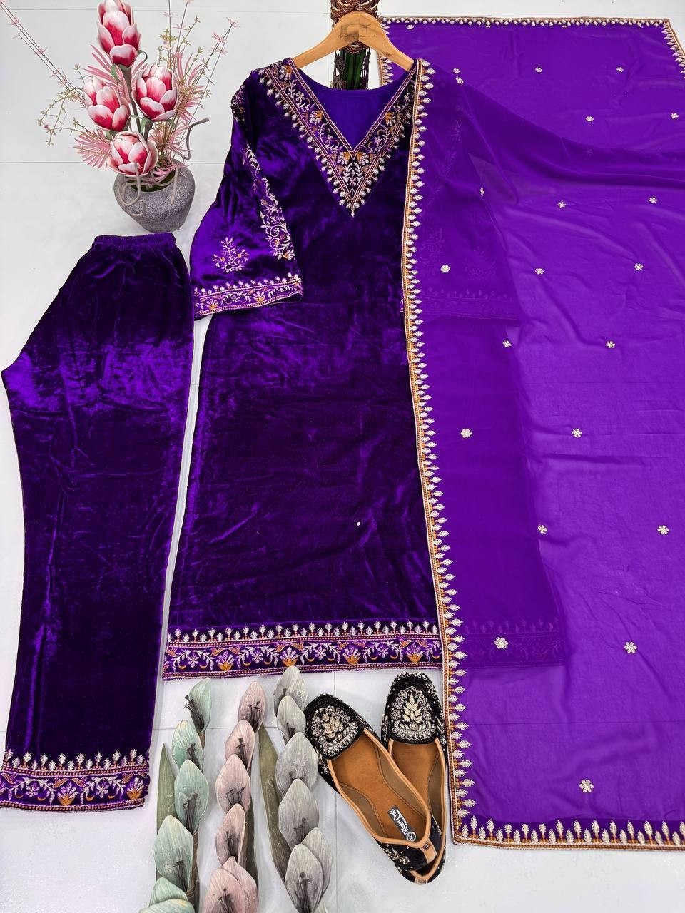 Heavy Viscose Velvet Purple Salwar Kameez With Dupatta For Party Wear