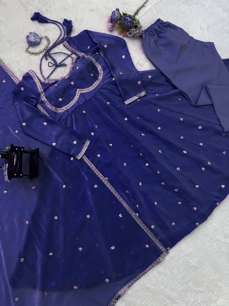 Party Wear Blue Soft Silk Anarkali Suit With Dupatta For Women & Girls