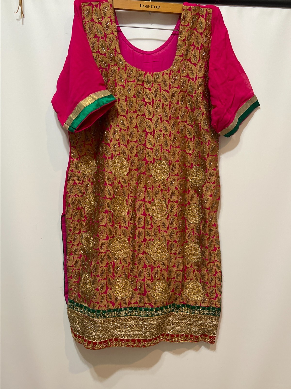 Women’s Indian Pink Gold Embroidered Kurta Tunic Dress Ethnic Party Wear
