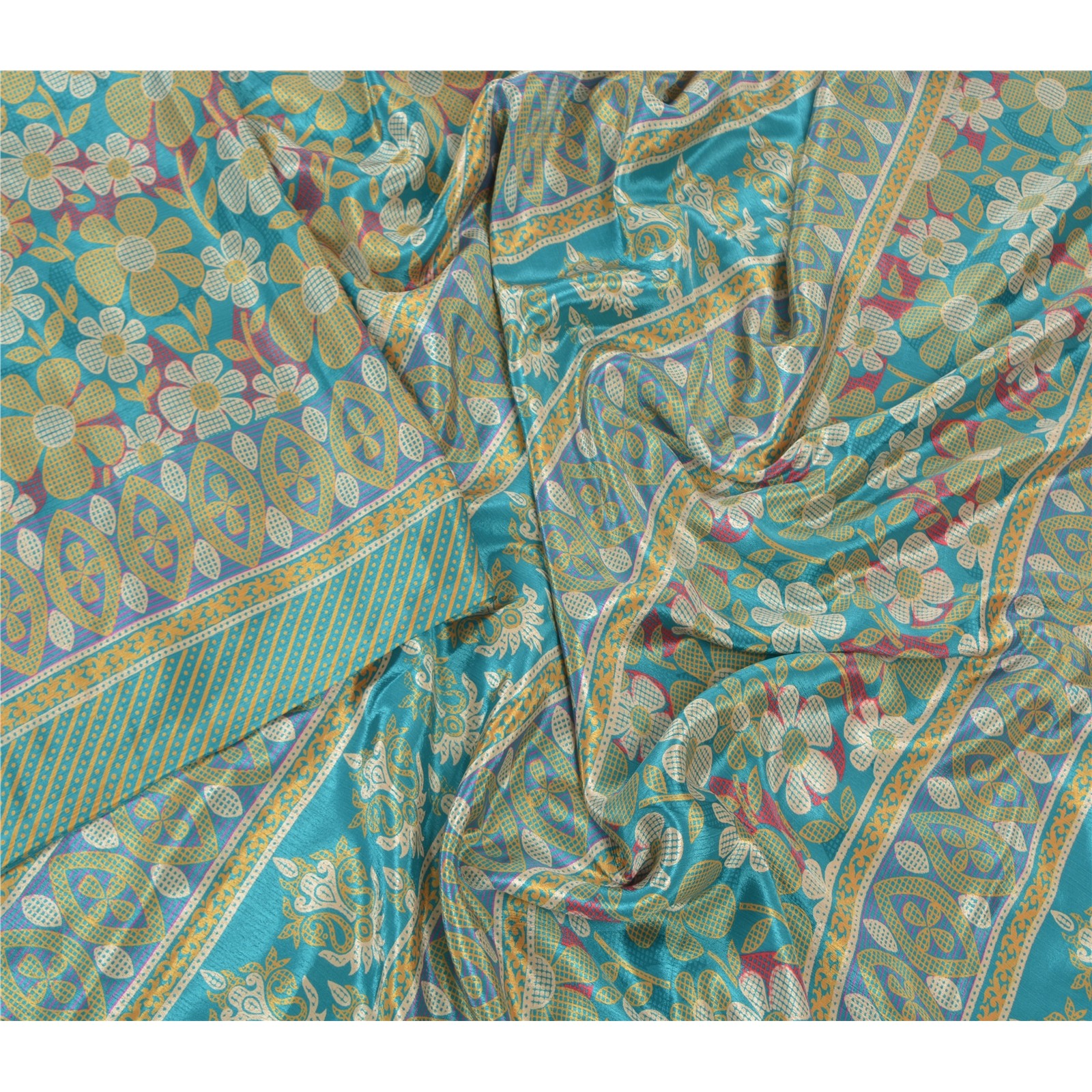 Sanskriti Vintage Green Sarees Moss Crepe Printed Sari Floral 5 Yd Craft Fabric