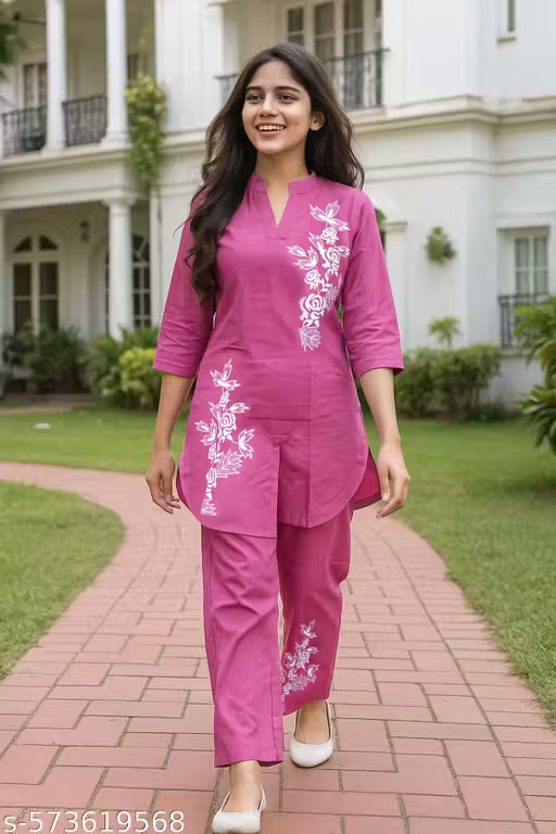 Daily Wear Girl’s Cotton Kurta Pant Set, with Floral Print, 3/4 Sleeve V-Neck