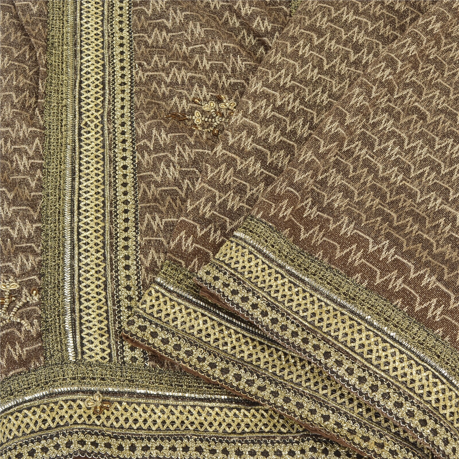 Sanskriti Vintage Brown Saree Net Mesh Hand Beaded Woven Fabric Sari