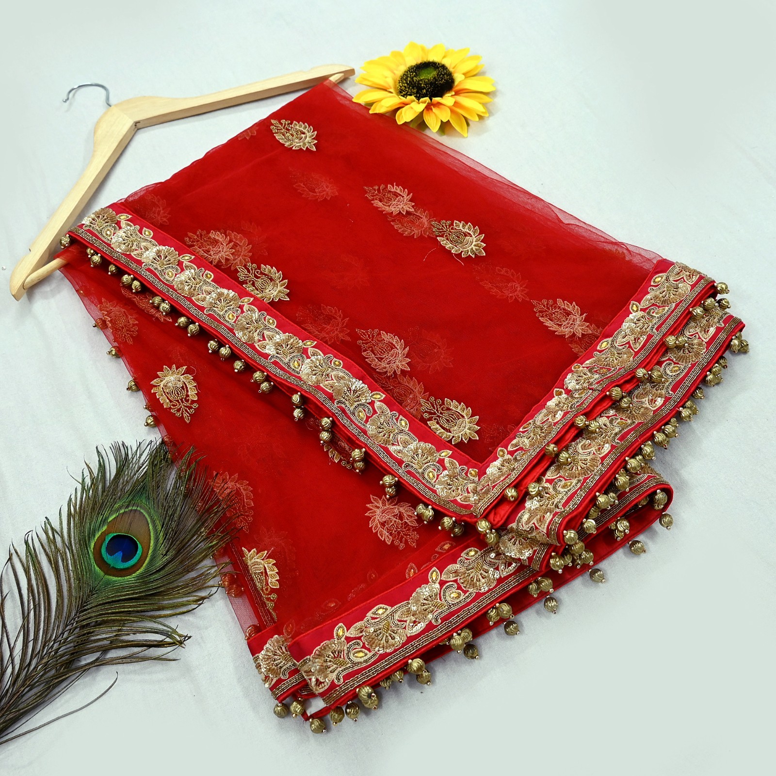Indian Wedding Red Net/Satin Silk Hand Embroidered Designer Lehenga 3pcs set