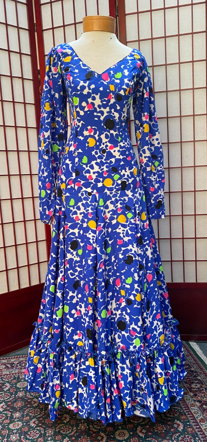 Flamenco Dress with Multi-Color Print, Lime Green Shawl and Yellow Petticoat