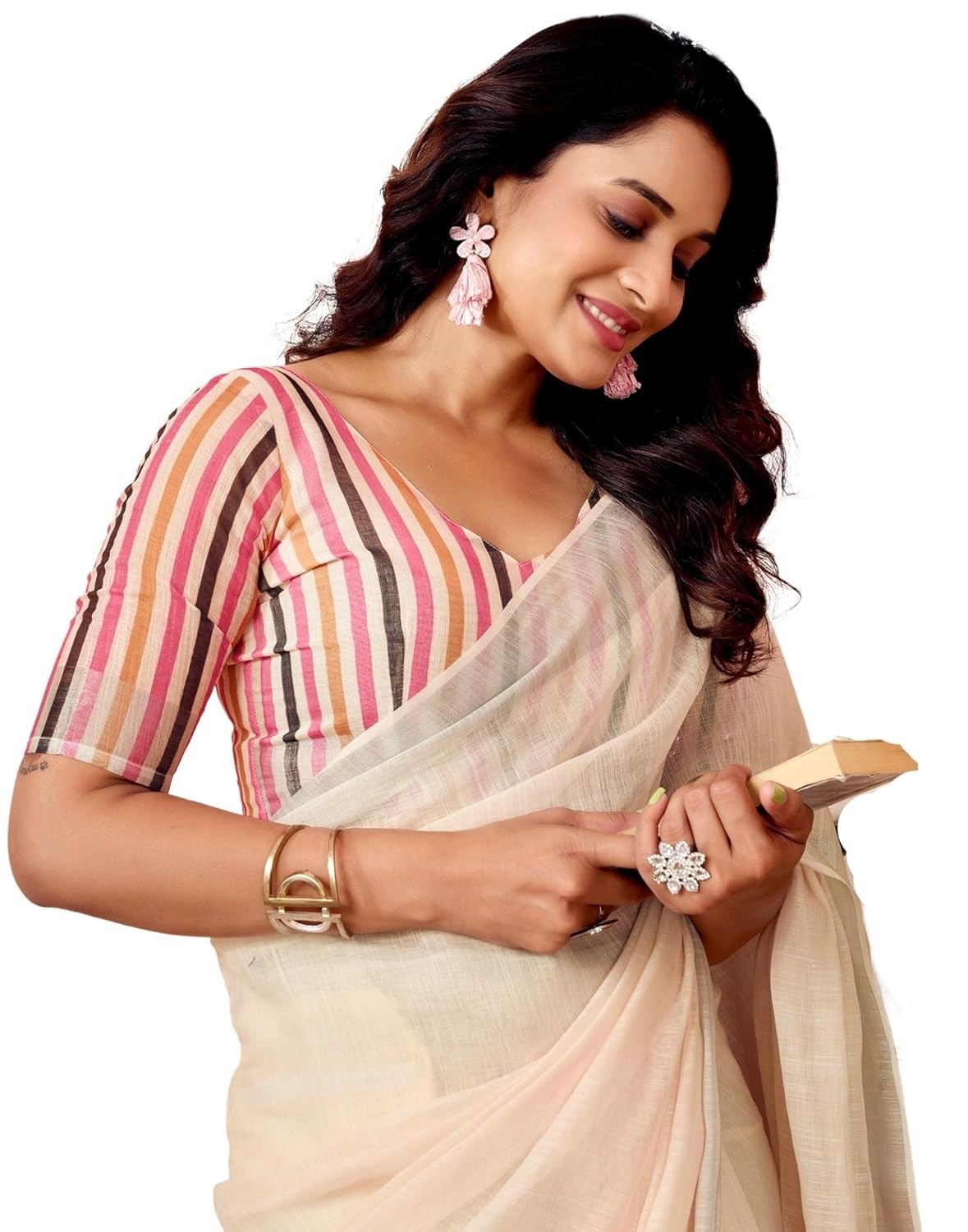 Women’s Cotton Linen Printed Ready To Wear With Pocket Saree with Blouse Piece