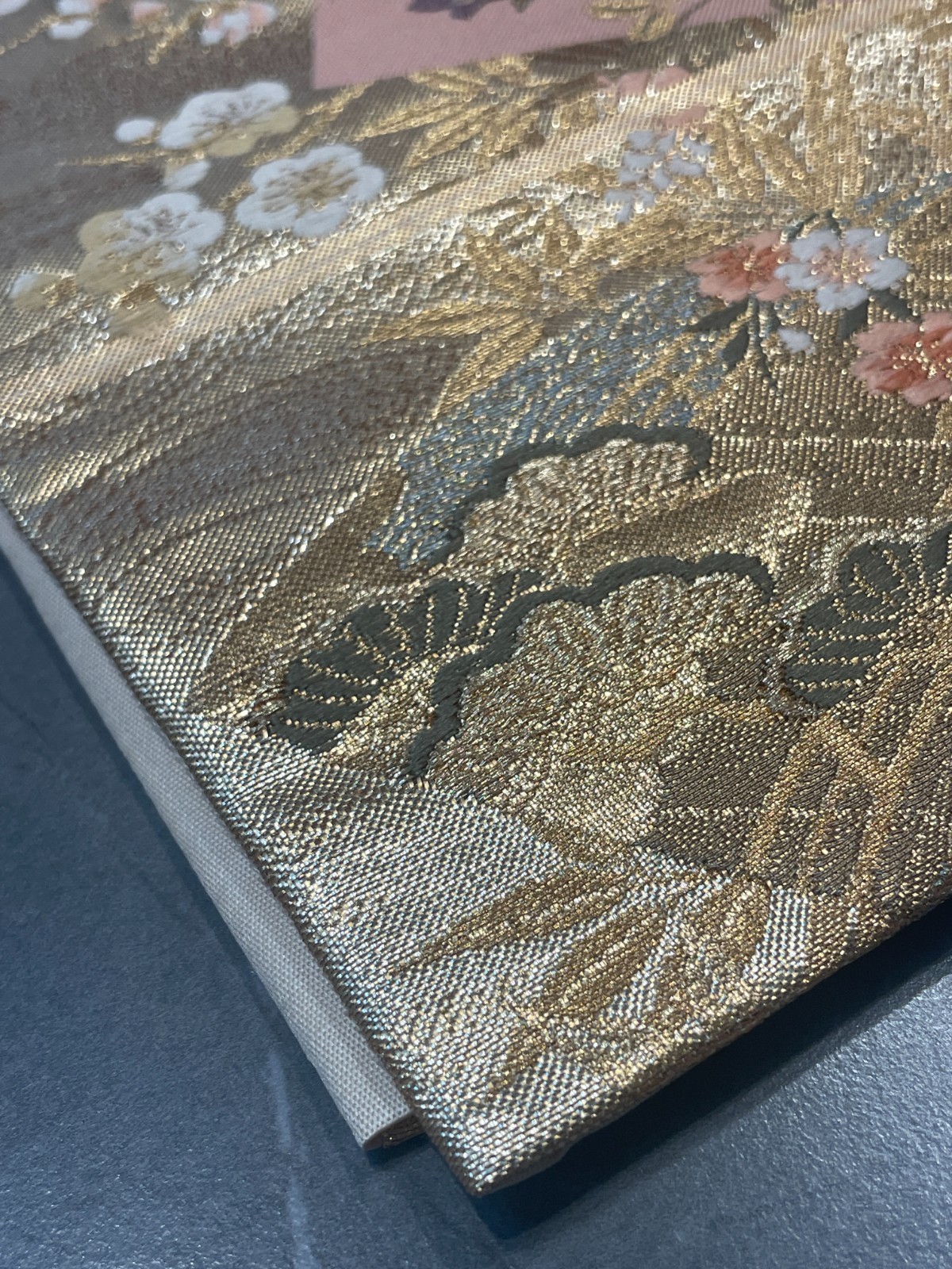 Vintage Japanese Kimono Silk Fukuro Obi Gold Fan Floral Brocade Textile Art