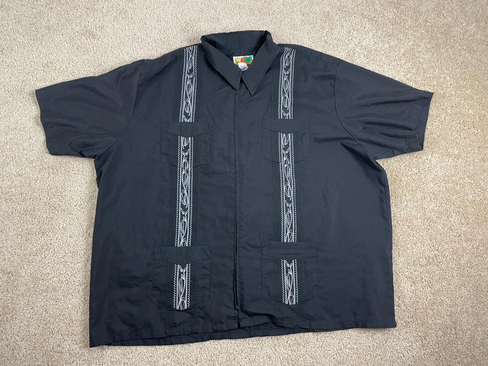 Haband Guayabera Shirt Mens 3X Zip Up Buttons Pockets Collared Floral Black
