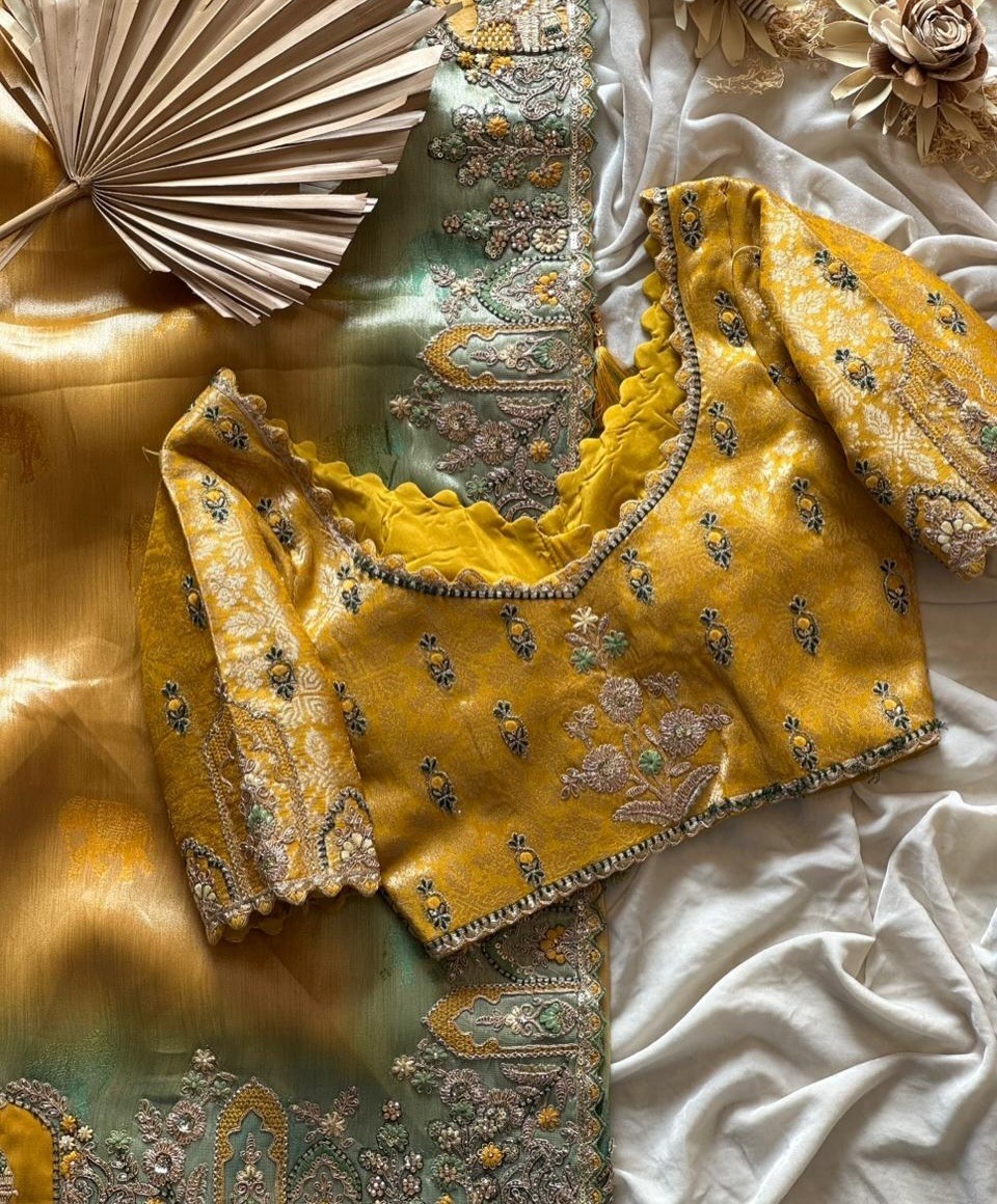 soft silk munga saree 2D dying elephant sequence applique work with blouse .