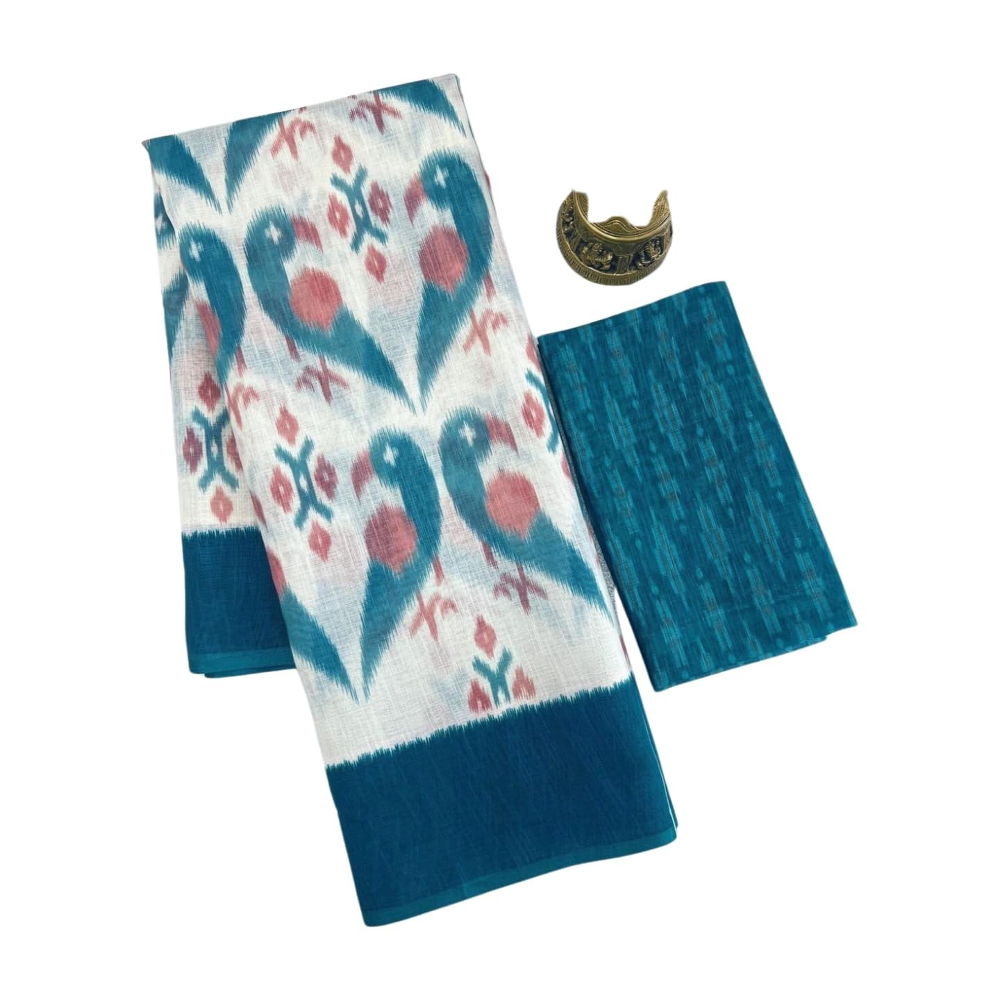 Womens New Linen Cotton Ikkat Patola Printed Saree with Blouse