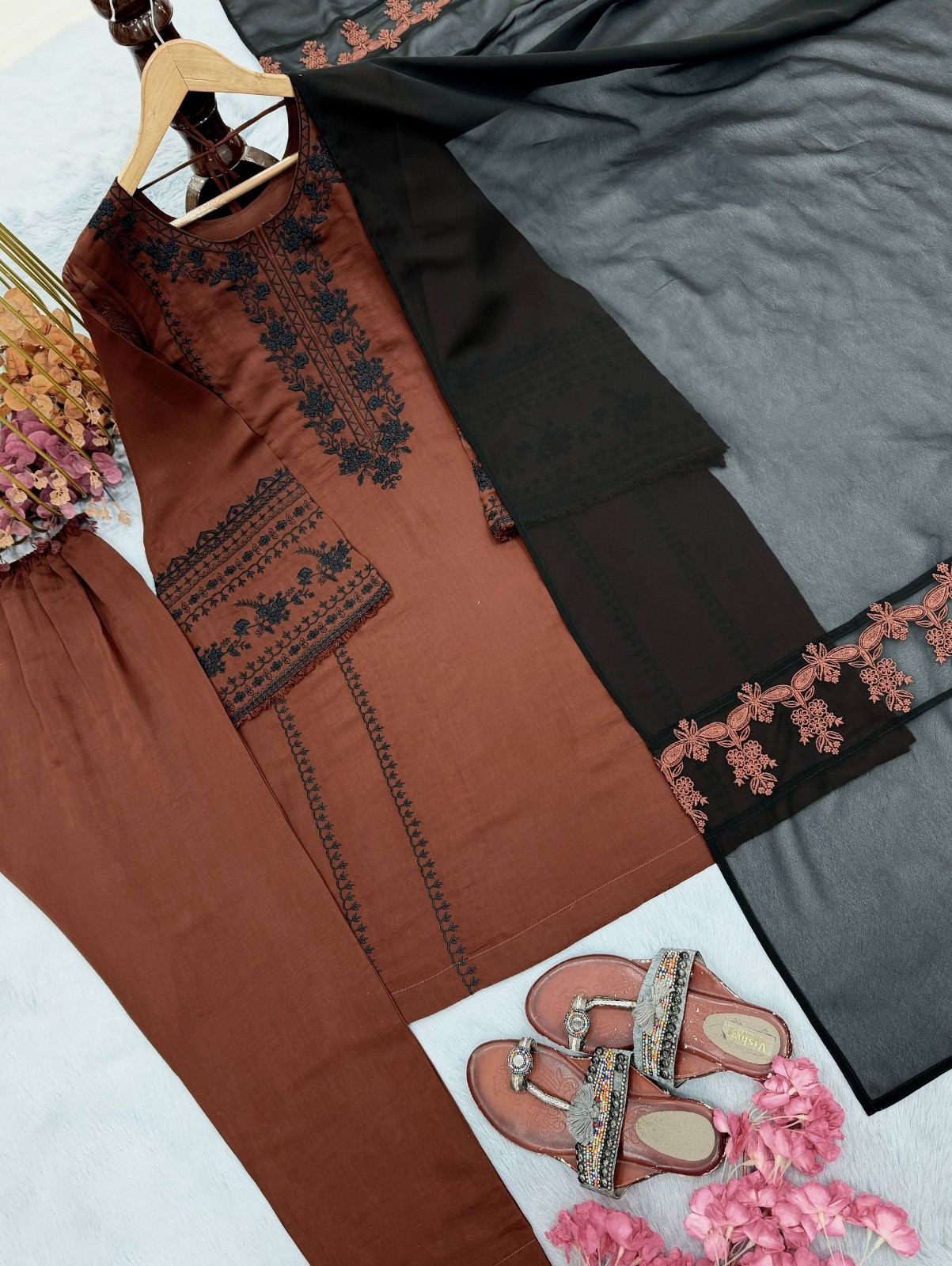 Designer Pure Roman Silk Top with Bottom and Heavy Faux Georgette Dupatta Thread