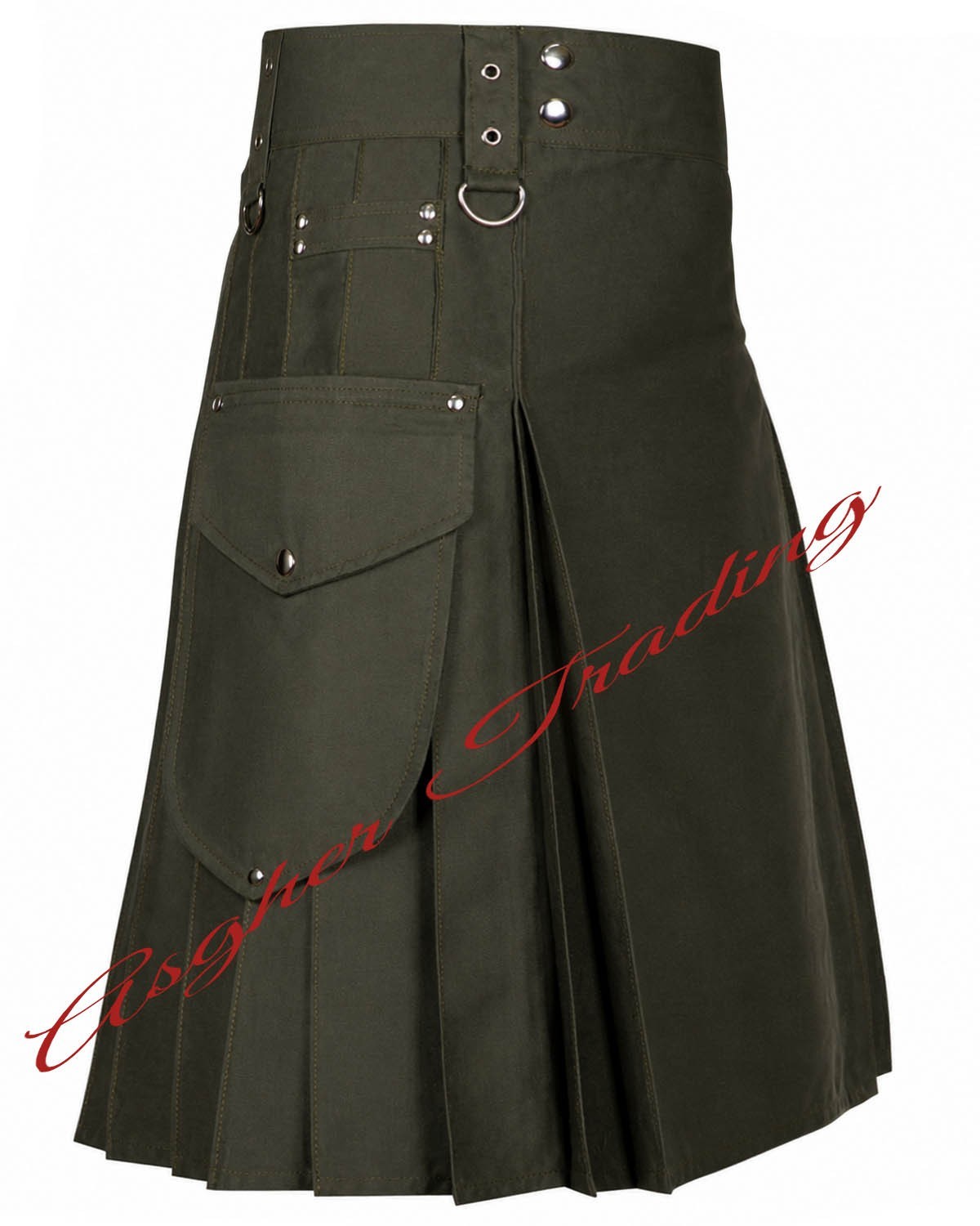 Handmade Olive Green Cotton Utility Kilt Gol Cargo Pockets & Custom Size kilts