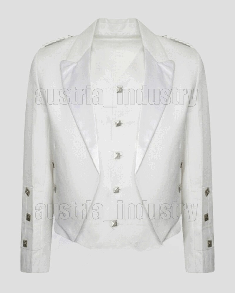 Men’s Scottish White Prince Charlie Kilt Jacket Custom Made With Vest 3-5 Button