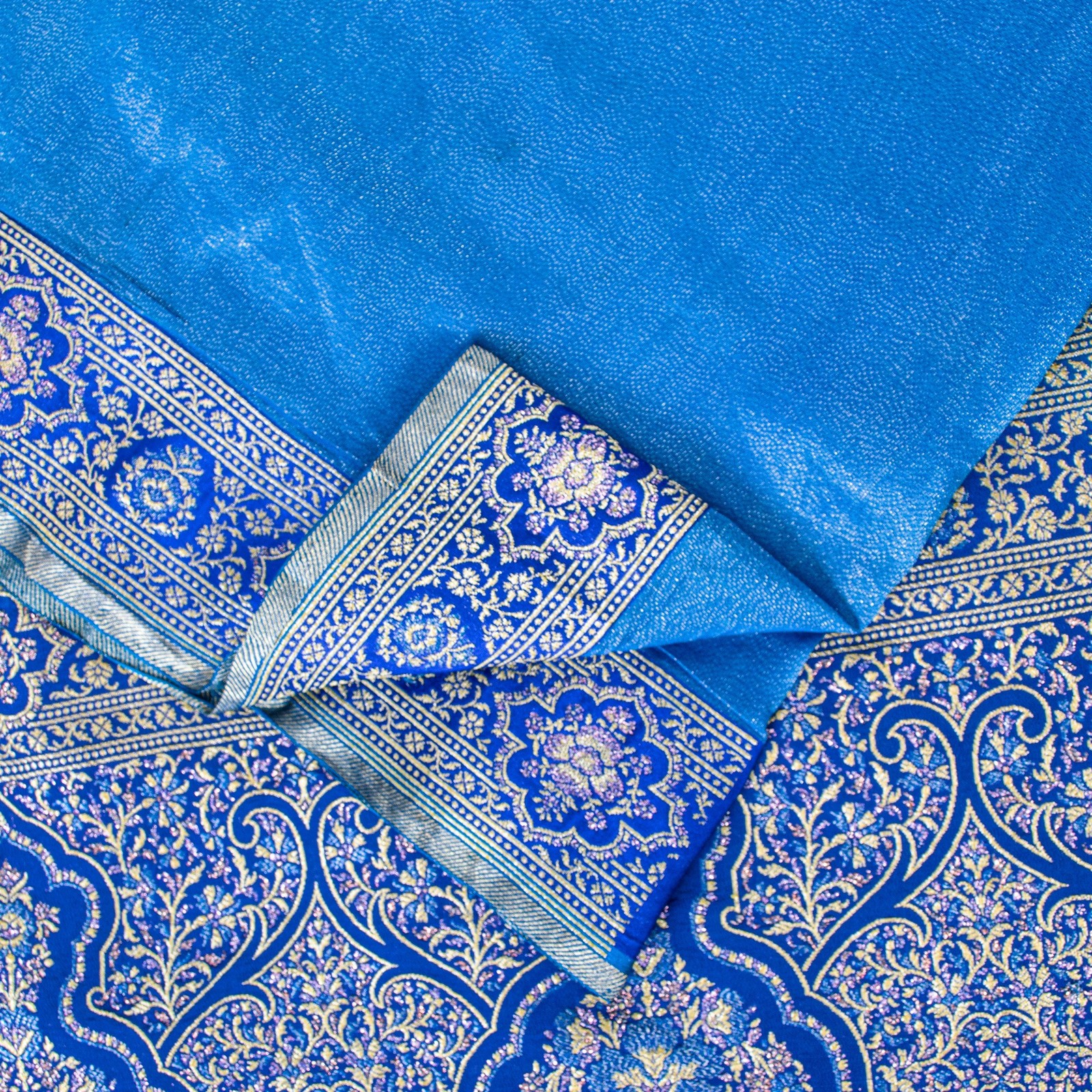 Sanskriti Vintage Blue Pure Silk Saree Brocade Woven 5.+Yd Fabric With Blouse Pc