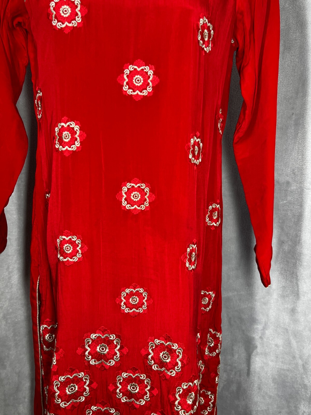 Hand Tailored Red Silk Embroidery Kurta/Dress Round Neck MEASUREMENTS IN LISTING