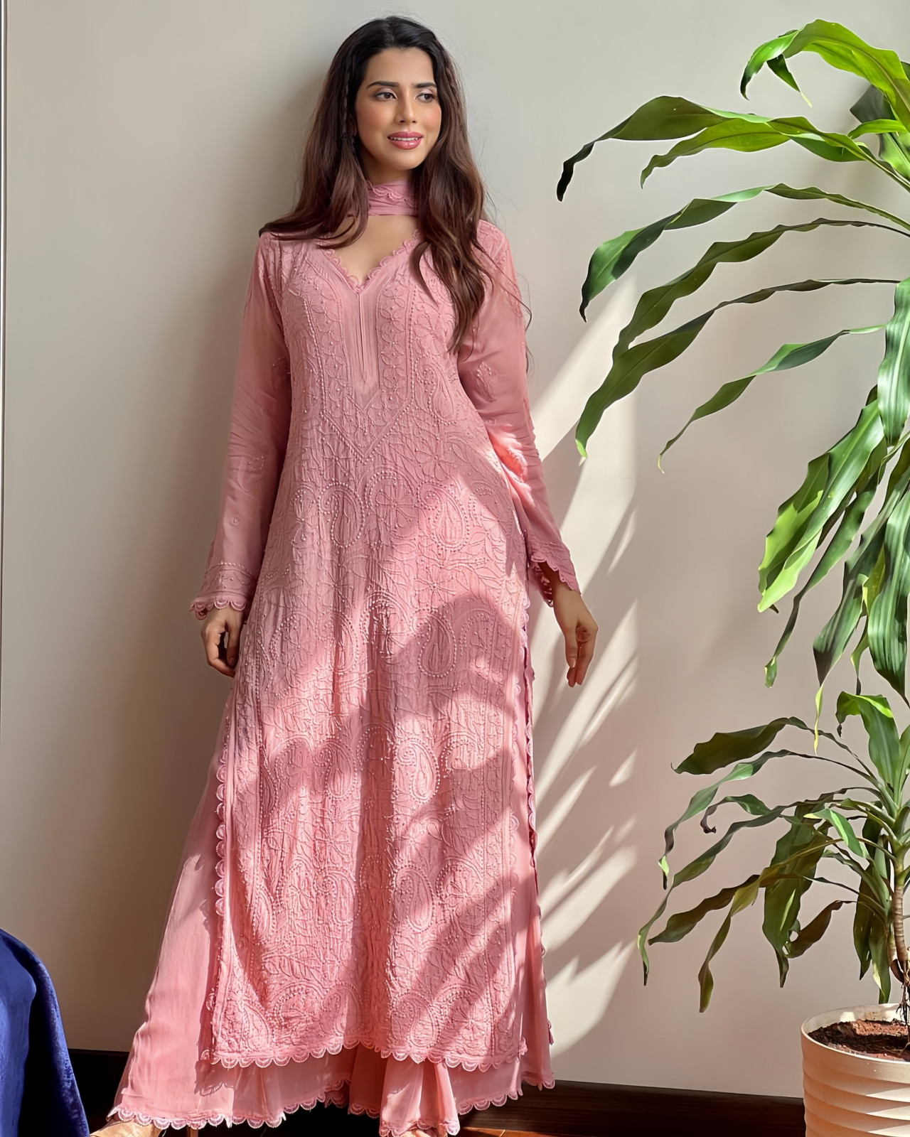 Georgette Embroidered Chikankari V Neck Kurta with Palazzo and Dupatta