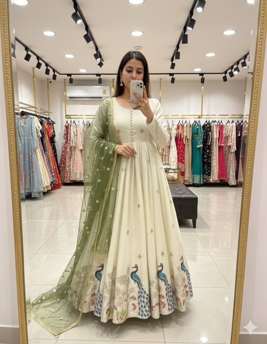 Off White Pure Dola Silk Gown Bottom With Dupatta For Indian Functional Wear