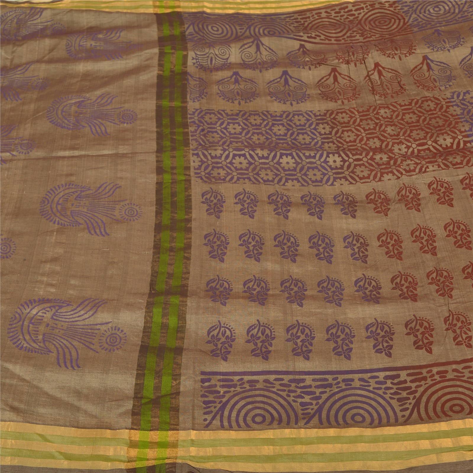 Sanskriti Vintage Brown Sarees Cotton Silk Hand-Block Printed Woven Sari Fabric