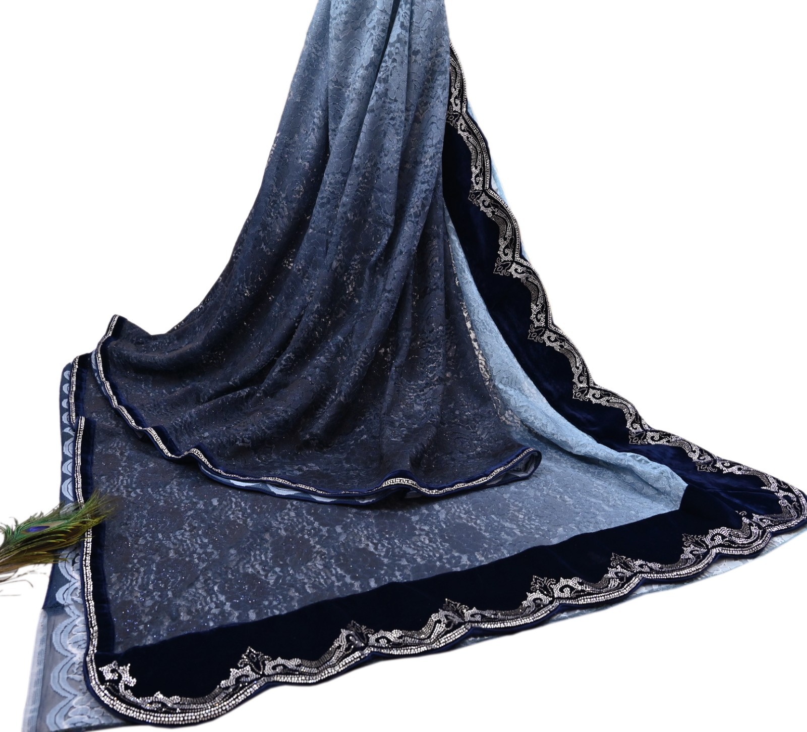 Vintage Blue Net Saree Heavy Hand Embroidery Sari 5.5 Yards Soft Mesh Fabric
