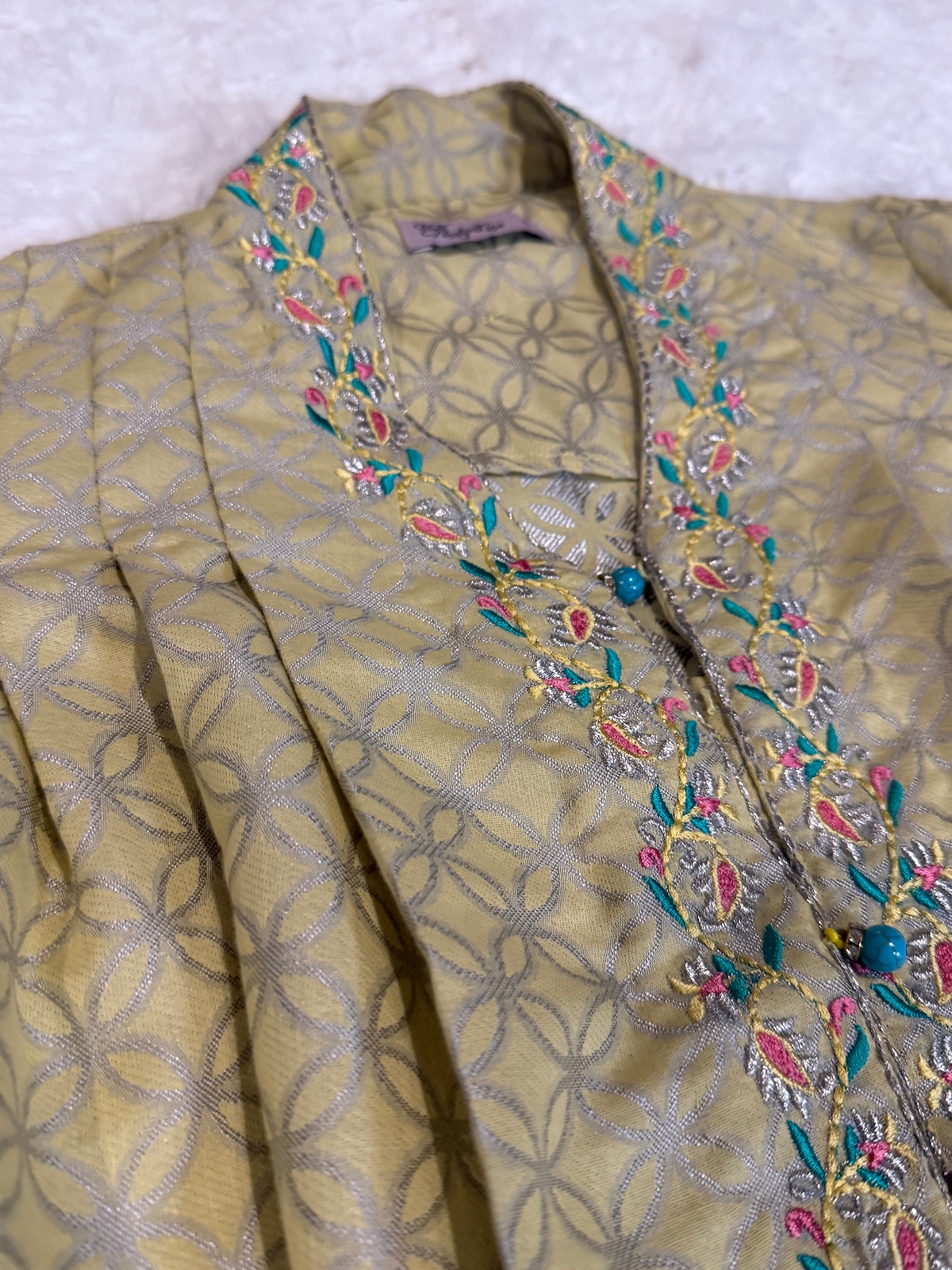 Chinyere Girls Party Line Light Yellow Jacket with Embroidery and Blue Accents