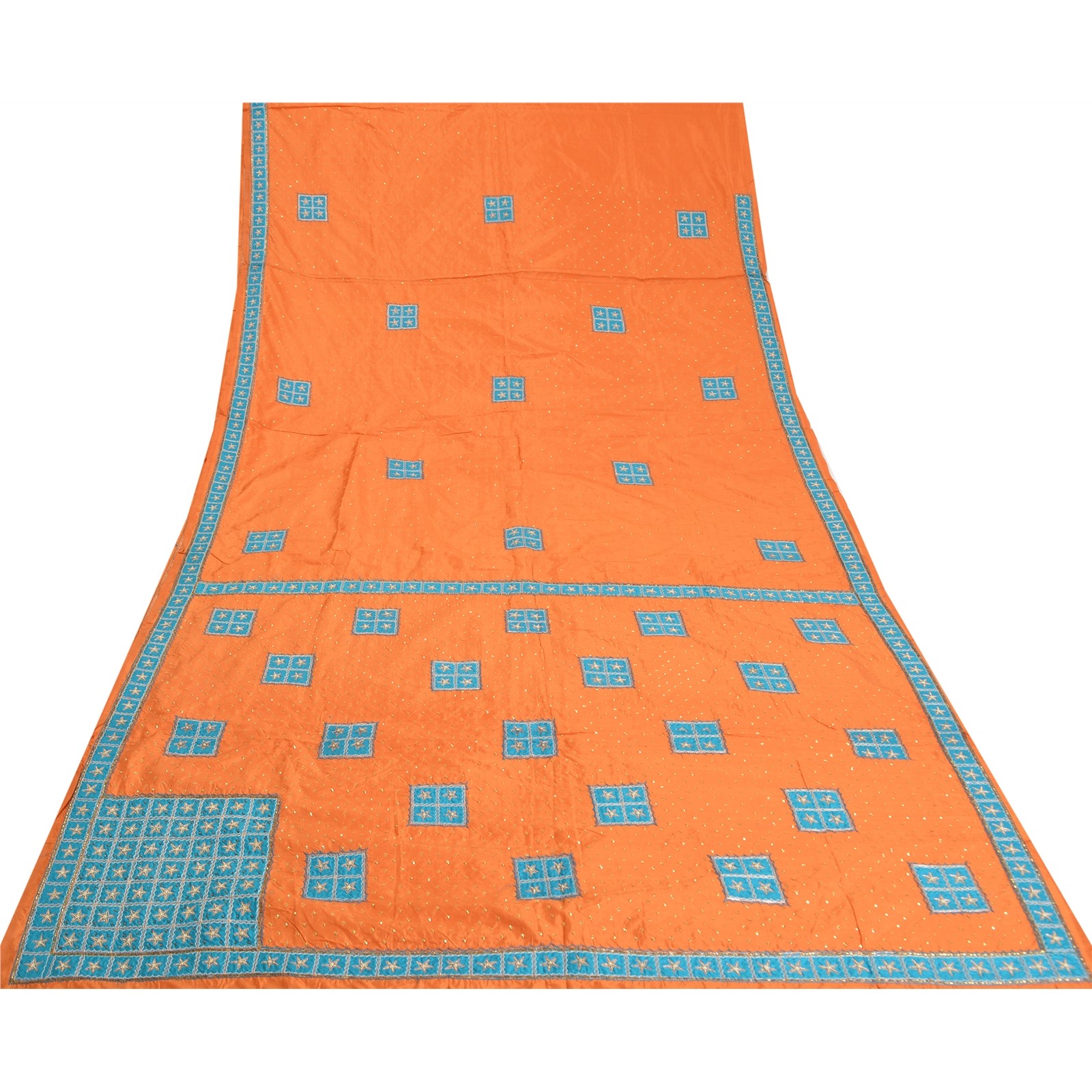Sanskriti Vintage Orange Sarees Pure Silk Hand Beaded Zardozi Patch Sari Fabric