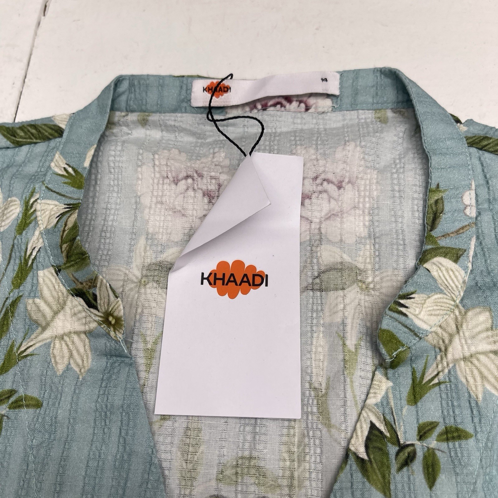 Khaadi Blue Floral Ripple Waves Printed V Neck Kurta Women’s Size 14 New $50