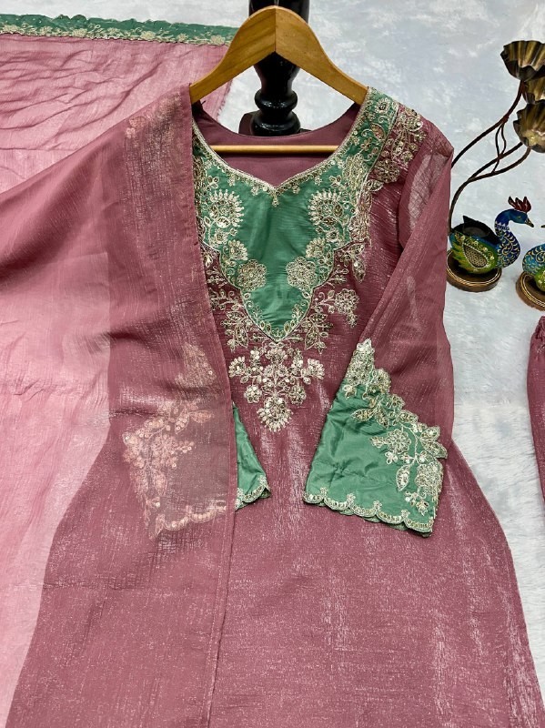 New Crunchy Silk Dusty Pink Top Palazzo With Dupatta For Function Party Wear