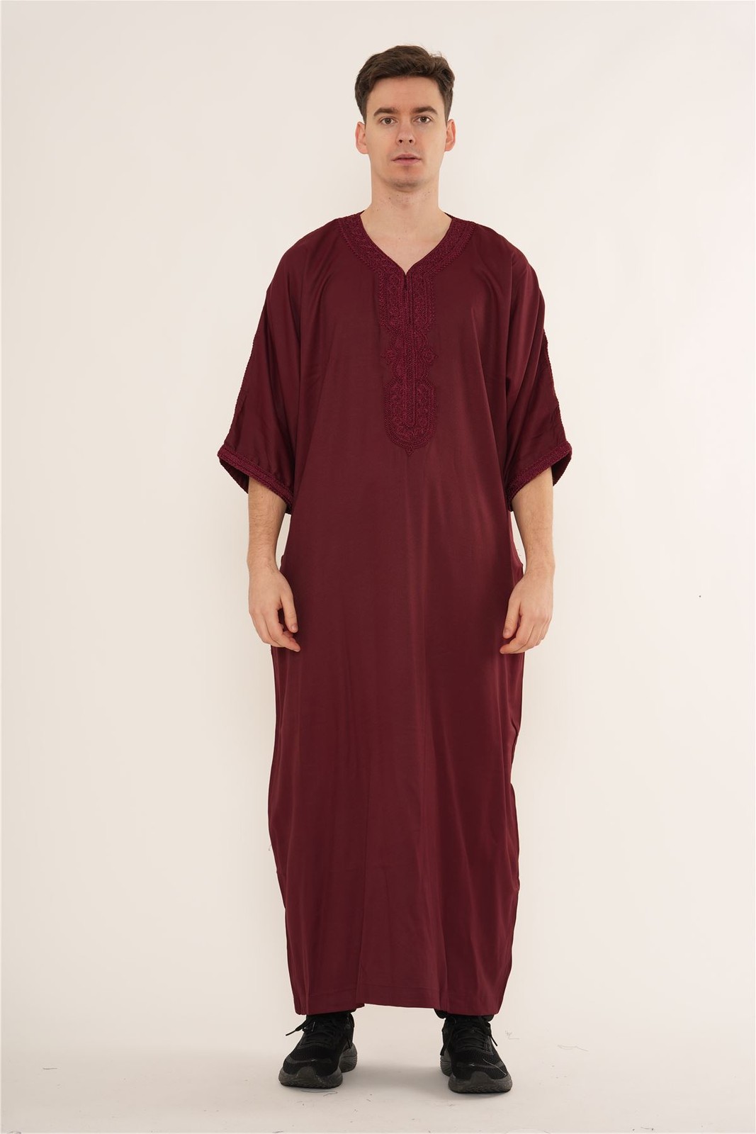Men’s Wine Moroccan Thobe Half Sleeve Gandoura Embroidery Kaftan Eid Ramadan