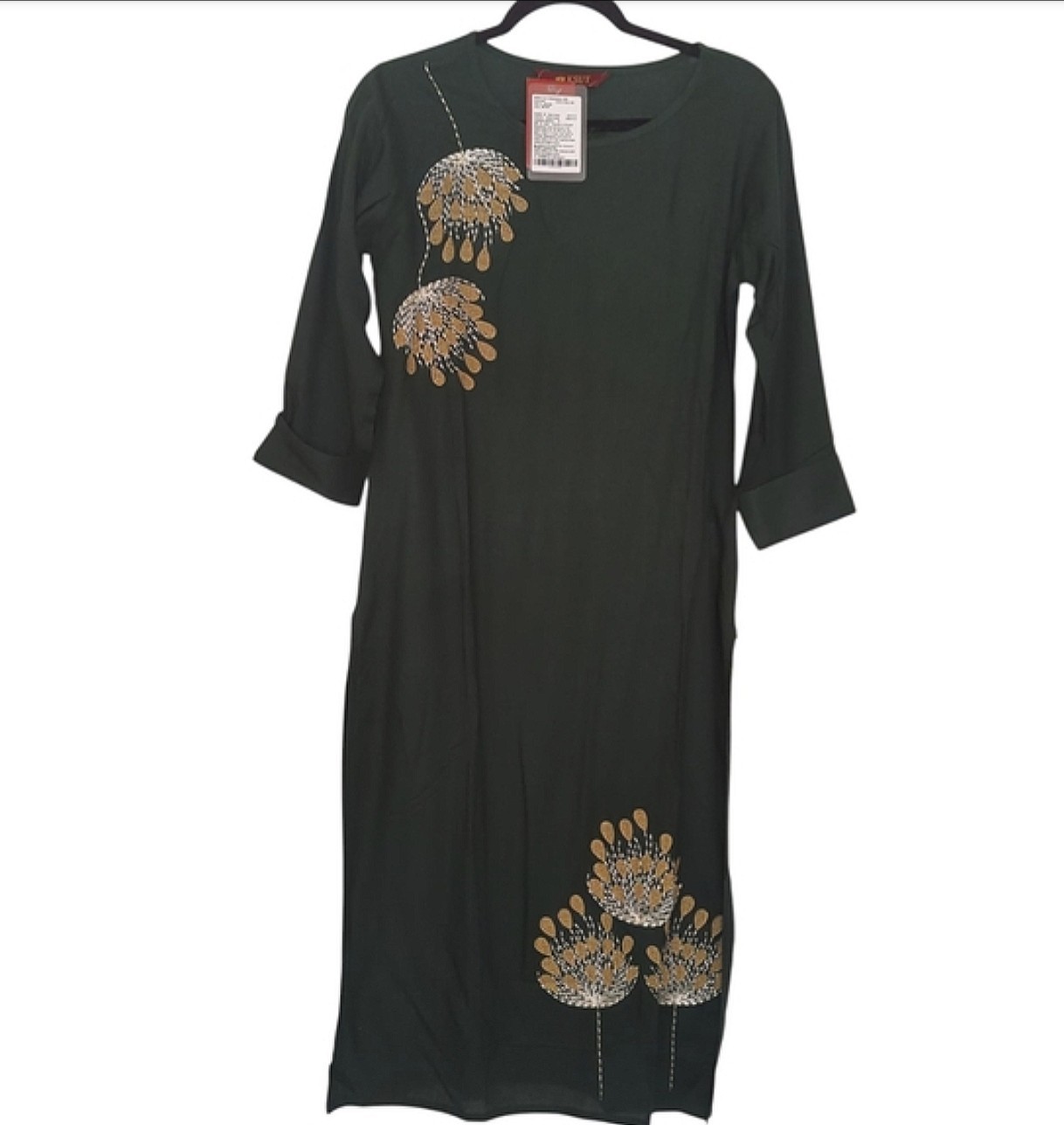 NWT Ksut Emerald Green Kurta with Embroidered Floral Accents – Women’s Size XL