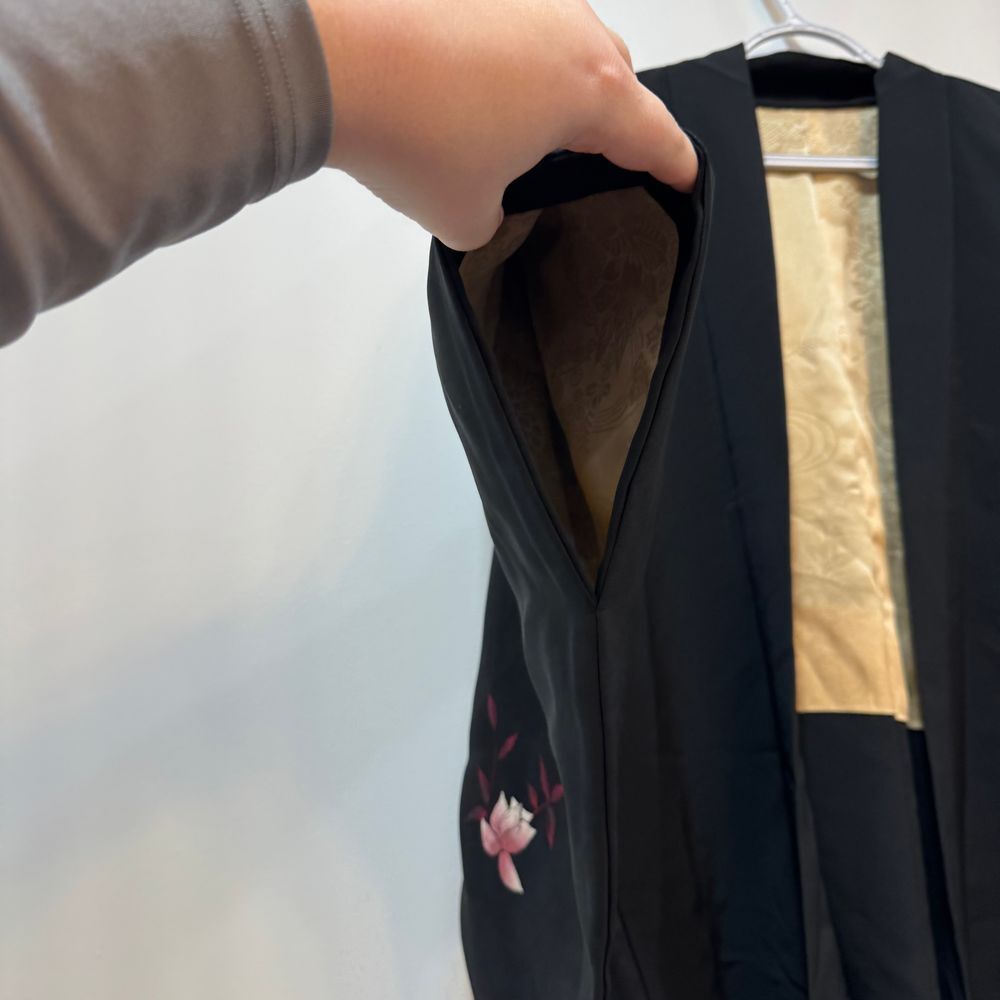 Haori Jacket Vintage 50s 80s Black Pink Floral Cherry Blossom Silk Kimona