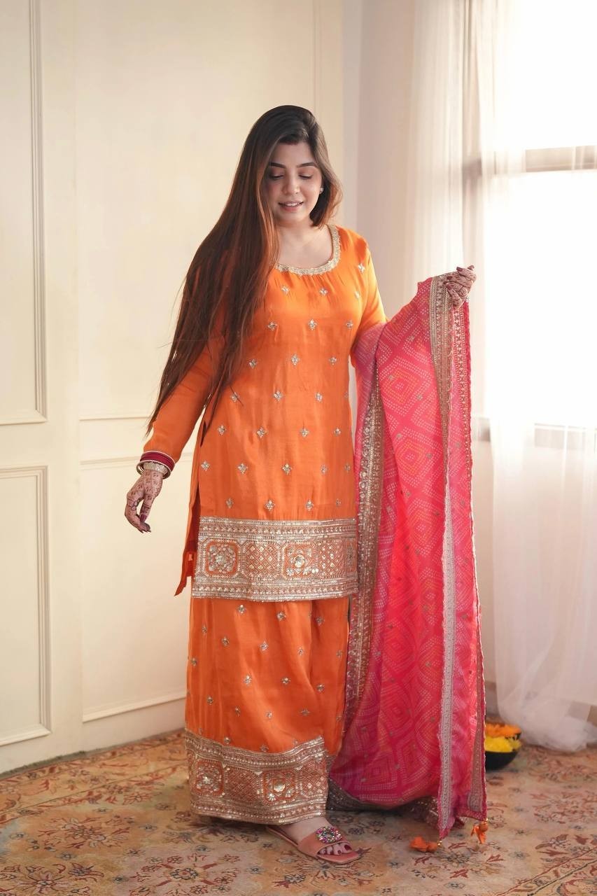 Latest Chinon Silk Orange Palazzo Suit With Dupatta For Indian Ethnic Wear