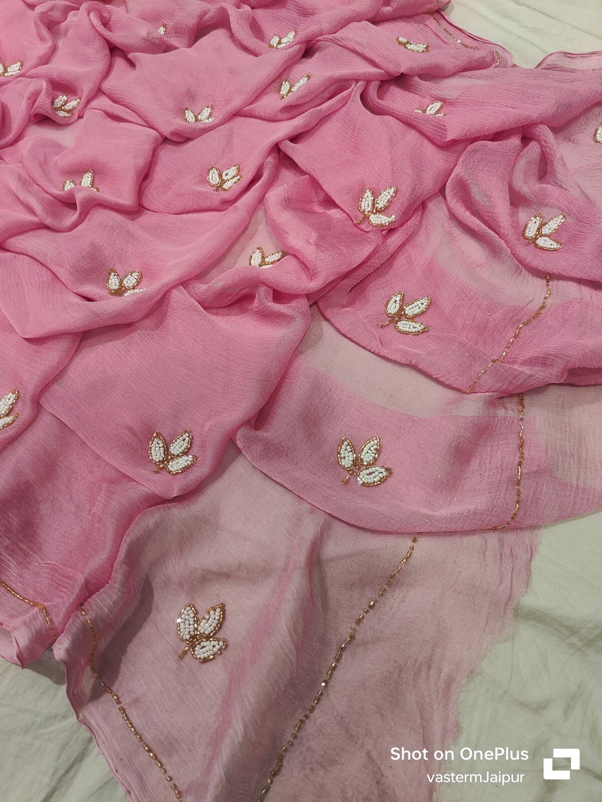 Chiffon Saree Blouse Hand Pearls Work Saree Women Wedding Partywear Fancy Saree