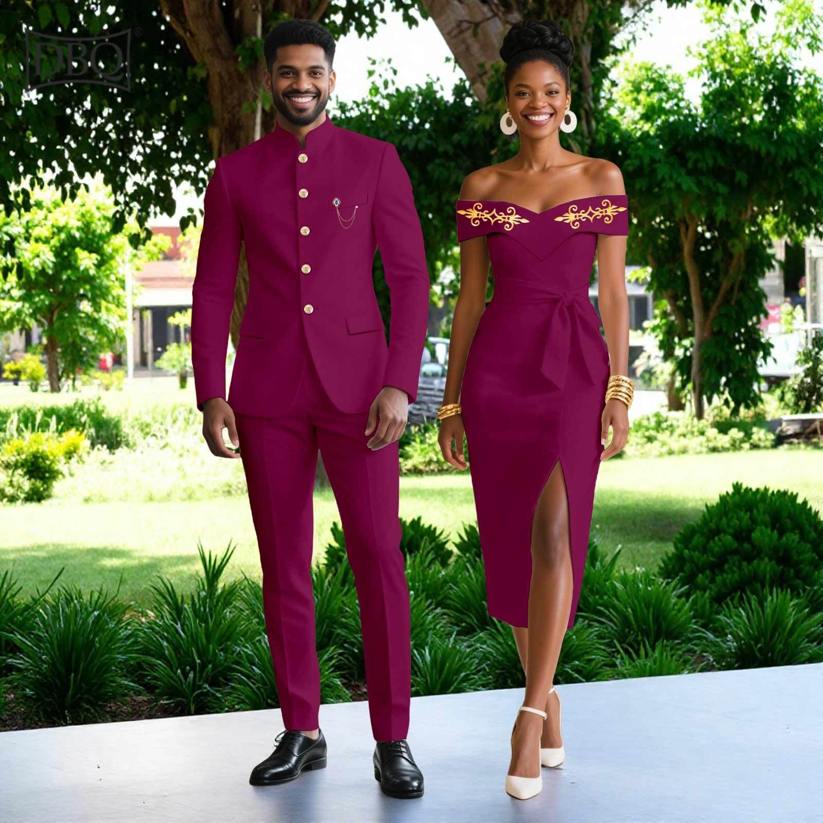 African Couple Matching Cloth Solid Color Men Jacket Pants Set Women Midi Dress