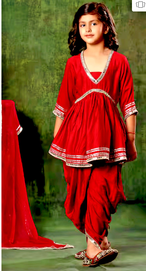 Red Kurta & Patiala Salwar Viscose Satin Mirror Work Set for girls age 9-10 yrs