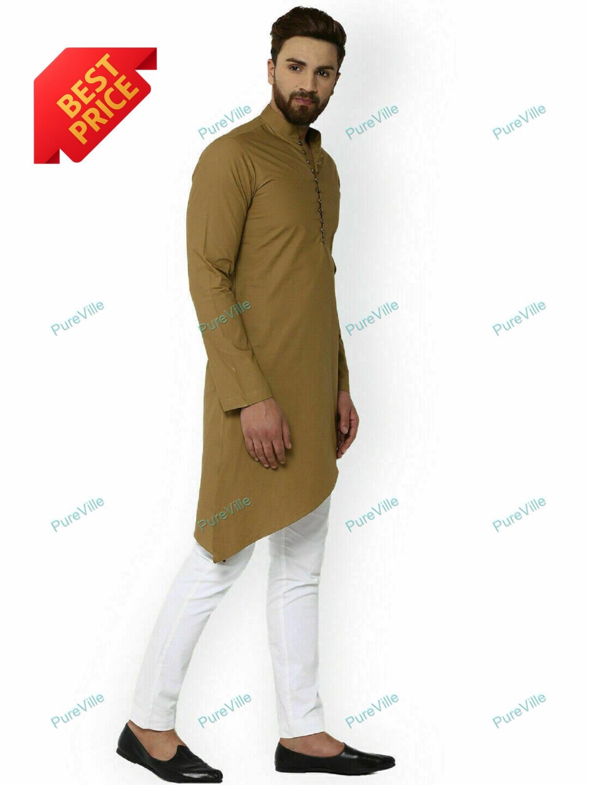 Mens Kurta Cotton Fabric Indian Brown Dress Mens Tunic Kurta Plain FreeShip