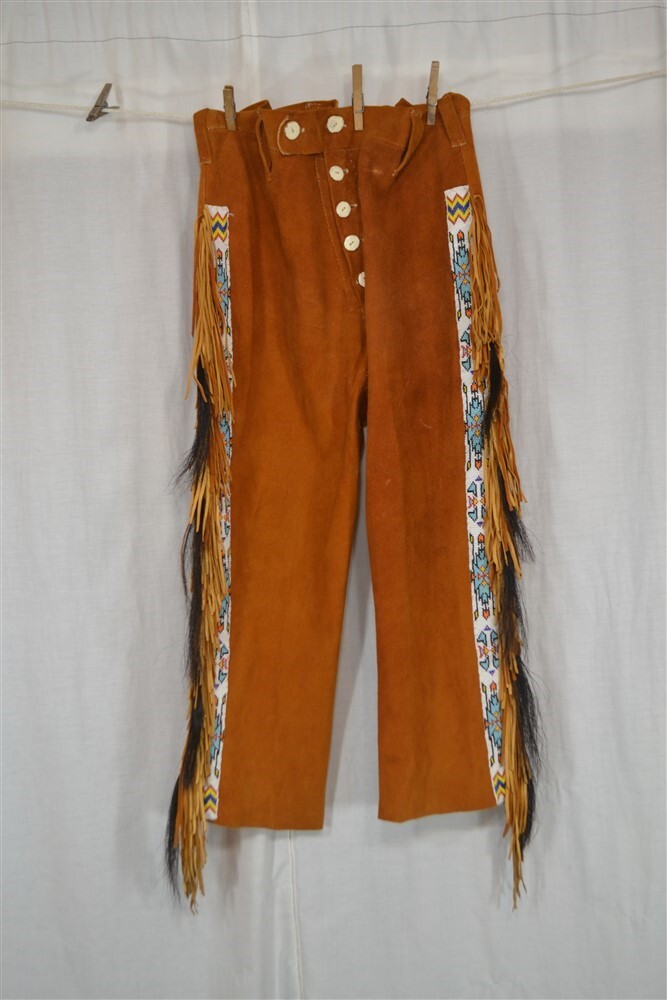 vintage pants leather buckskin beaded fringe Native American waist 36 original