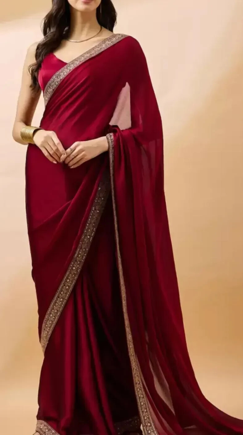 Maroon Satin Saree Sequence Embroidery Party Wear Free Petticoat